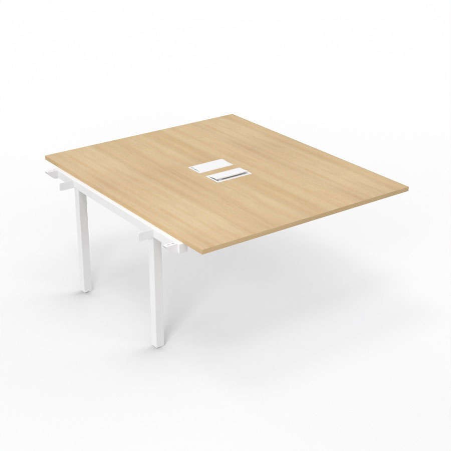 Bureau Arial partag - lment suivant - L. 140 x P. 165 cm p. 25 mm - monoplateau mlamine chne clair avec 2 trappes et goulotte incluses - pitement arche mtal lisse blanc