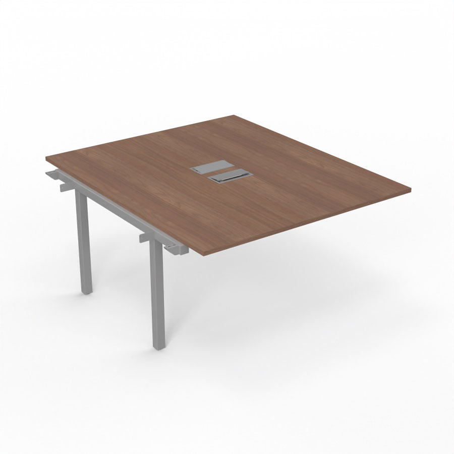Bureau Arial partag - lment suivant - L. 140 x P. 165 cm p. 25 mm - monoplateau mlamine noyer ambr avec 2 trappes et goulotte incluses - pitement arche mtal lisse gris aluminium
