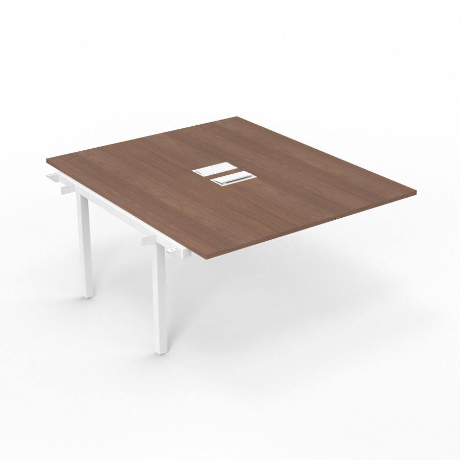 Bureau Arial partag - lment suivant - L. 140 x P. 165 cm p. 25 mm - monoplateau mlamine noyer ambr avec 2 trappes et goulotte incluses - pitement arche mtal lisse blanc