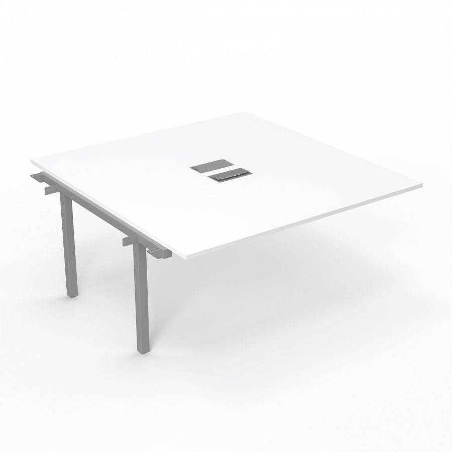 Bureau Arial partag - lment suivant - L. 160 x P. 165 cm p. 25 mm - monoplateau mlamine blanc neige avec 2 trappes et goulotte incluses - pitement arche mtal lisse gris aluminium