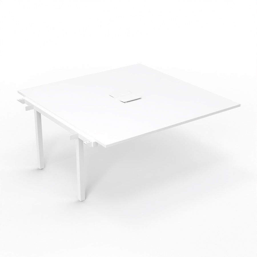 Bureau Arial partag - lment suivant - L. 160 x P. 165 cm p. 25 mm - monoplateau mlamine blanc neige avec 2 trappes et goulotte incluses - pitement arche mtal lisse blanc