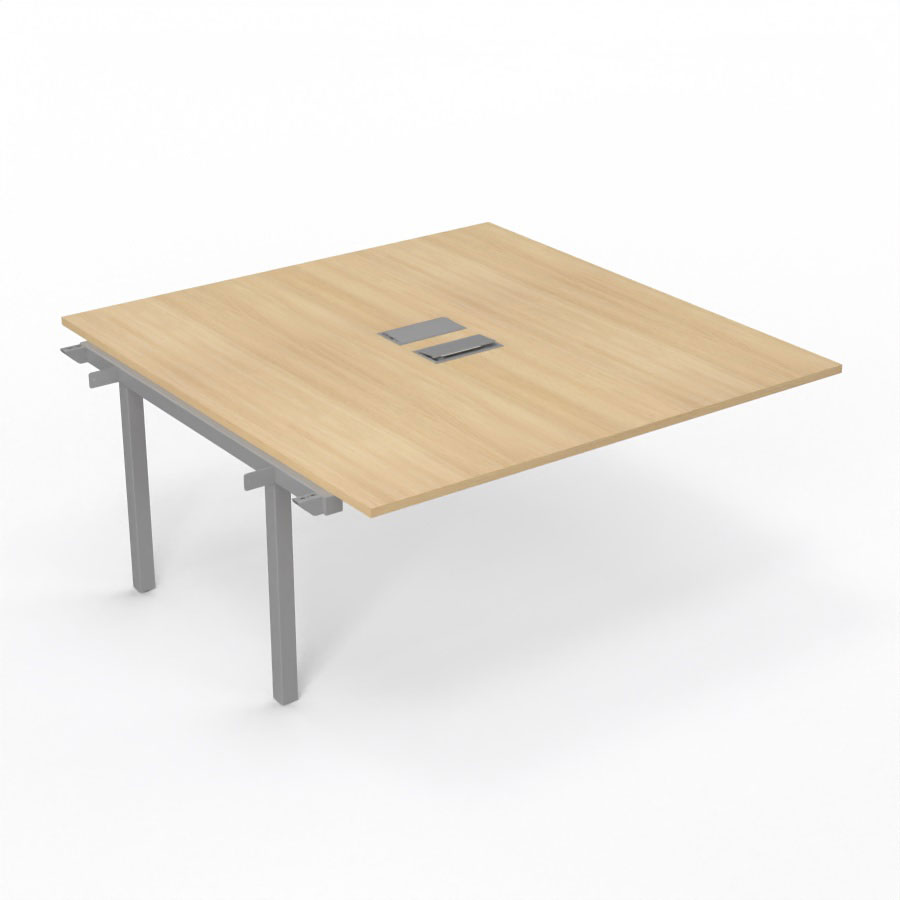 Bureau Arial partag - lment suivant - L. 160 x P. 165 cm p. 25 mm - monoplateau mlamine chne clair avec 2 trappes et goulotte incluses - pitement arche mtal lisse gris aluminium