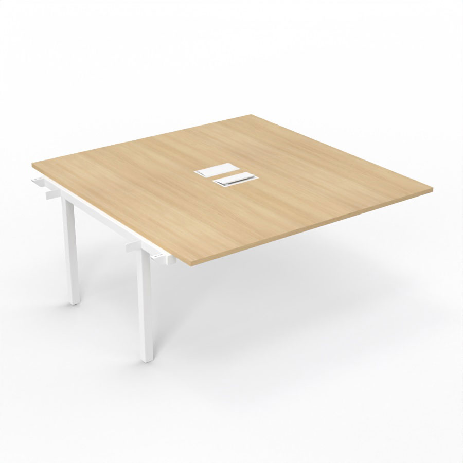 Bureau Arial partag - lment suivant - L. 160 x P. 165 cm p. 25 mm - monoplateau mlamine chne clair avec 2 trappes et goulotte incluses - pitement arche mtal lisse blanc