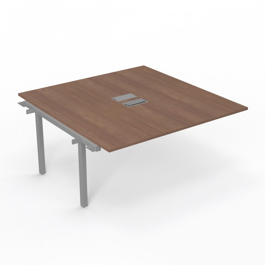 Bureau Arial partag - lment suivant - L. 160 x P. 165 cm p. 25 mm - monoplateau mlamine noyer ambr avec 2 trappes et goulotte incluses - pitement arche mtal lisse gris aluminium