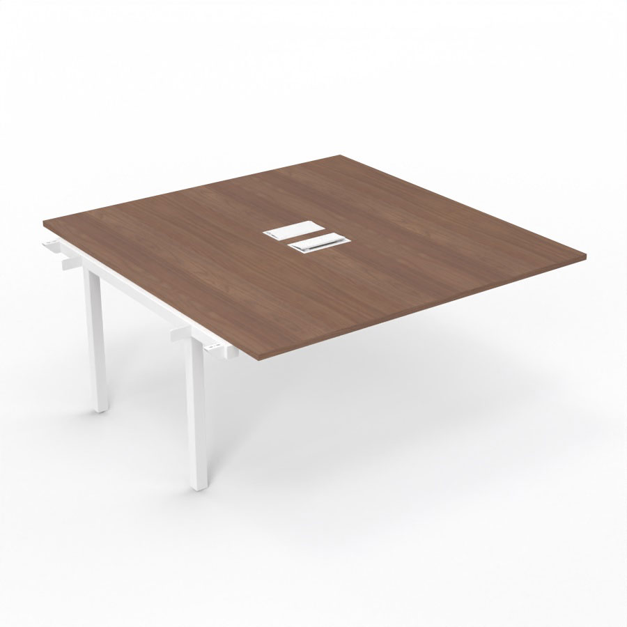 Bureau Arial partag - lment suivant - L. 160 x P. 165 cm p. 25 mm - monoplateau mlamine noyer ambr avec 2 trappes et goulotte incluses - pitement arche mtal lisse blanc