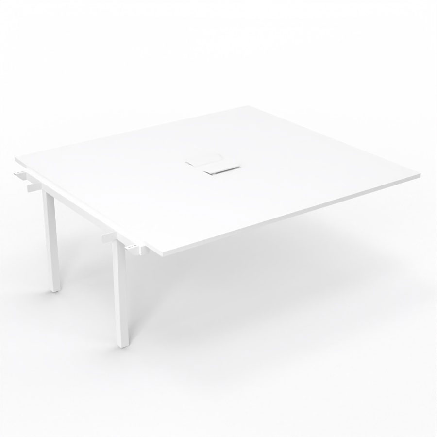 Bureau Arial partag - lment suivant - L. 180 x P. 165 cm p. 25 mm - monoplateau mlamine blanc neige avec 2 trappes et goulotte incluses - pitement arche mtal lisse blanc