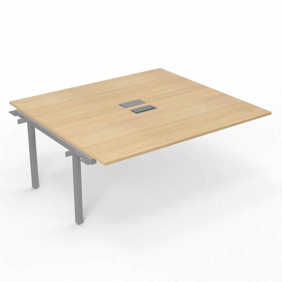 Bureau Arial partag - lment suivant - L. 180 x P. 165 cm p. 25 mm - monoplateau mlamine chne clair avec 2 trappes et goulotte incluses - pitement arche mtal lisse gris aluminium