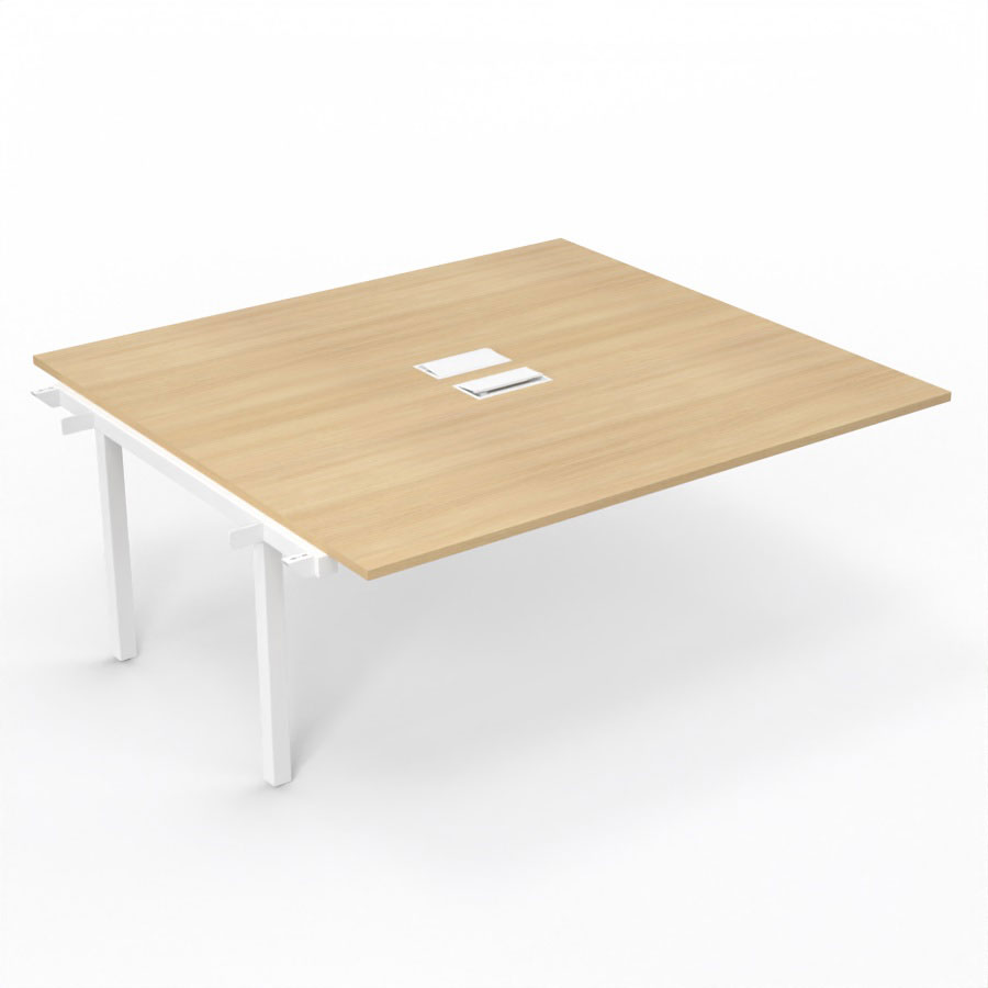Bureau Arial partag - lment suivant - L. 180 x P. 165 cm p. 25 mm - monoplateau mlamine chne clair avec 2 trappes et goulotte incluses - pitement arche mtal lisse blanc
