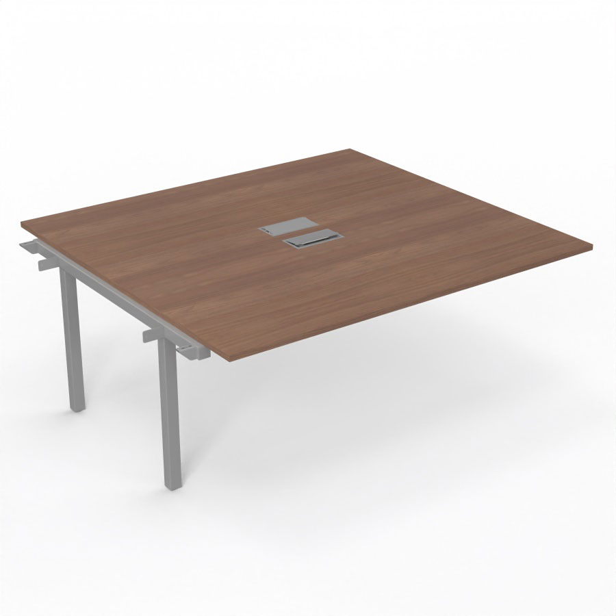 Bureau Arial partag - lment suivant - L. 180 x P. 165 cm p. 25 mm - monoplateau mlamine noyer ambr avec 2 trappes et goulotte incluses - pitement arche mtal lisse gris aluminium