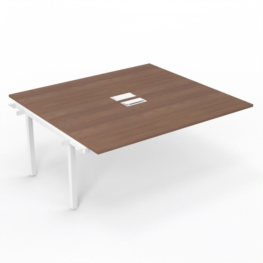 Bureau Arial partag - lment suivant - L. 180 x P. 165 cm p. 25 mm - monoplateau mlamine noyer ambr avec 2 trappes et goulotte incluses - pitement arche mtal lisse blanc