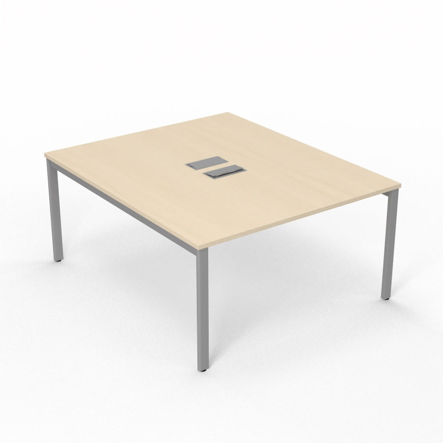 Bureau Arial partag L. 140 x P. 165 cm p. 25 mm - monoplateau mlamine rable blanc avec 2 trappes et goulotte incluses - pitement arche mtal lisse gris aluminium