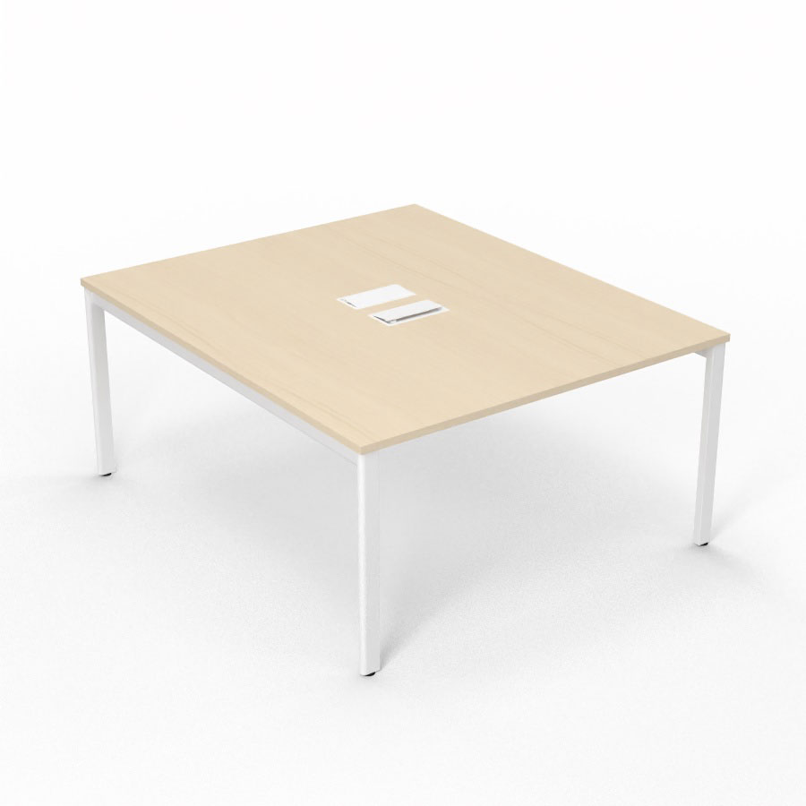 Bureau Arial partag L. 140 x P. 165 cm p. 25 mm - monoplateau mlamine rable blanc avec 2 trappes et goulotte incluses - pitement arche mtal lisse blanc