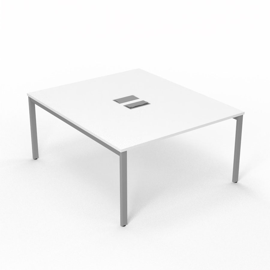 Bureau Arial partag L. 140 x P. 165 cm p. 25 mm - monoplateau mlamine blanc neige avec 2 trappes et goulotte incluses - pitement arche mtal lisse gris aluminium