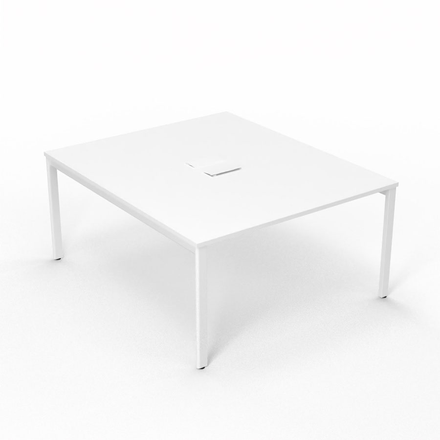 Bureau Arial partag L. 140 x P. 165 cm p. 25 mm - monoplateau mlamine blanc neige avec 2 trappes et goulotte incluses - pitement arche mtal lisse blanc