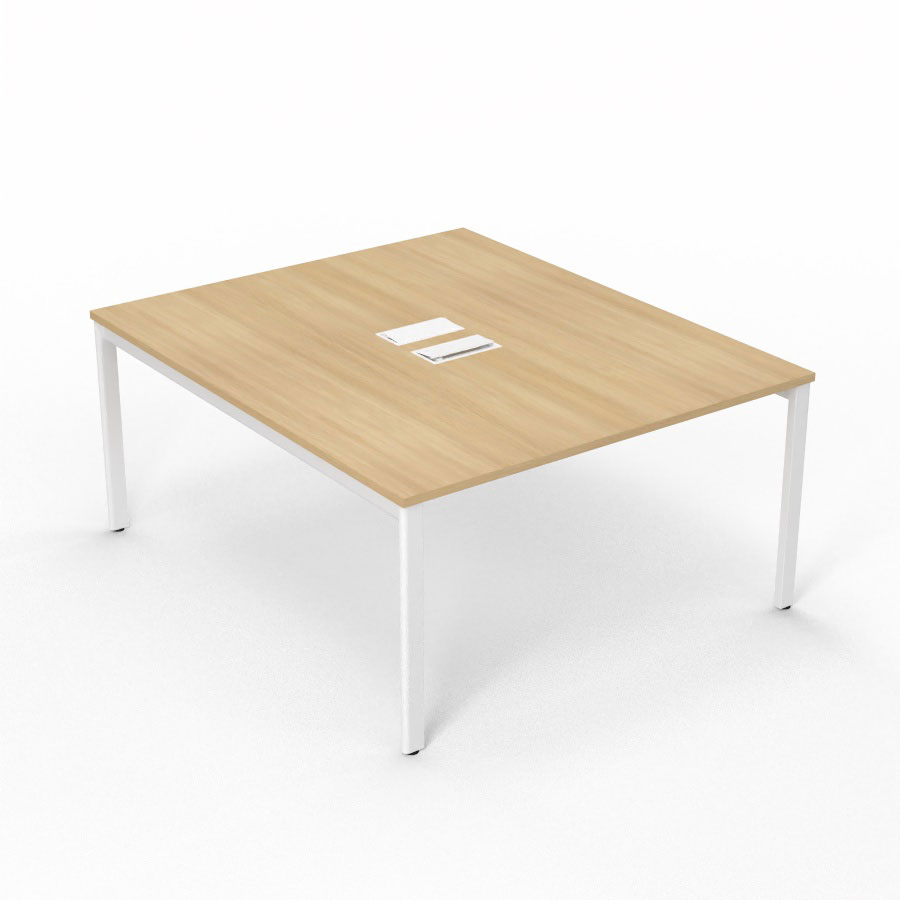 Bureau Arial partag L. 140 x P. 165 cm p. 25 mm - monoplateau mlamine chne clair avec 2 trappes et goulotte incluses - pitement arche mtal lisse blanc