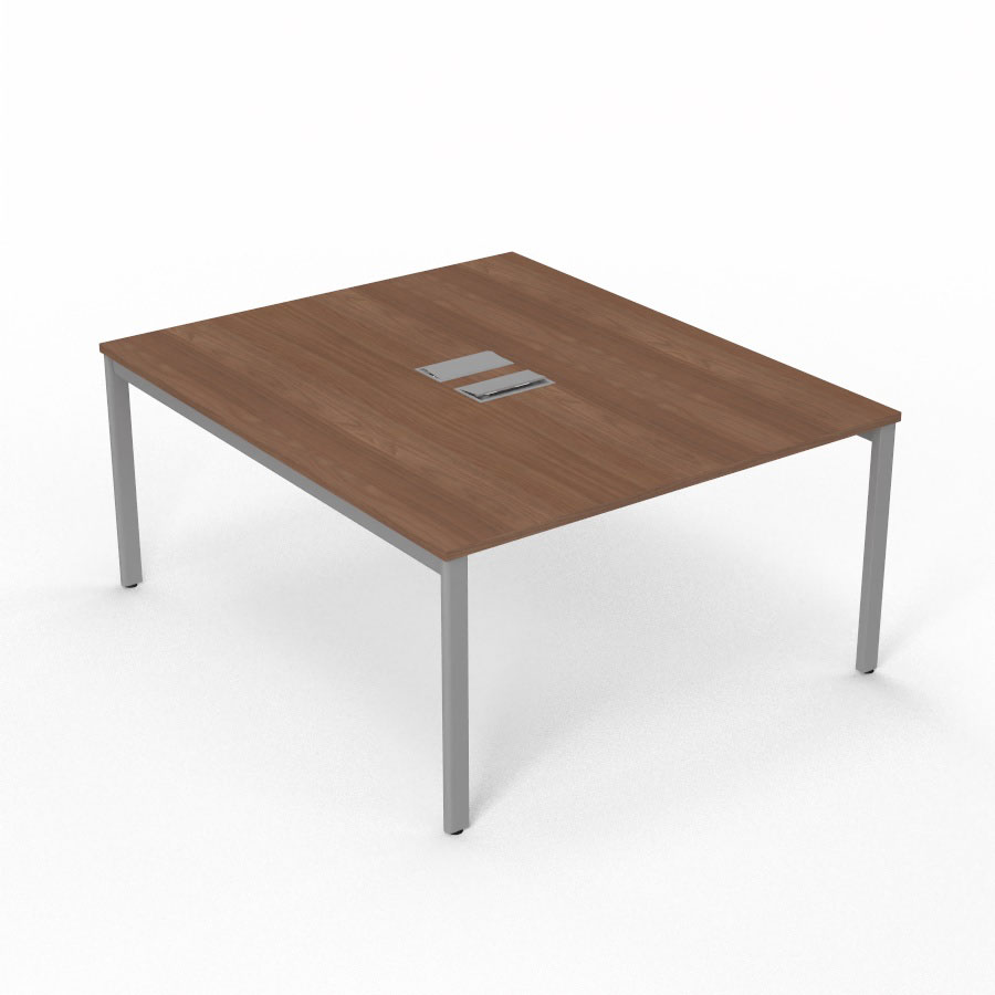 Bureau Arial partag L. 140 x P. 165 cm p. 25 mm - monoplateau mlamine noyer ambr avec 2 trappes et goulotte incluses - pitement arche mtal lisse gris aluminium