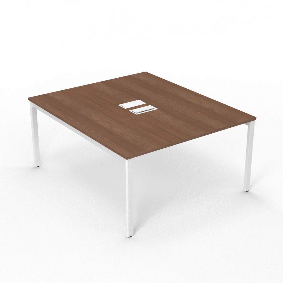 Bureau Arial partag L. 140 x P. 165 cm p. 25 mm - monoplateau mlamine noyer ambr avec 2 trappes et goulotte incluses - pitement arche mtal lisse blanc