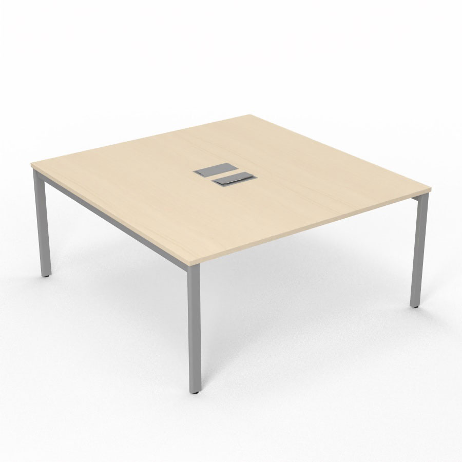 Bureau Arial partag L. 160 x P. 165 cm p. 25 mm - monoplateau mlamine rable blanc avec 2 trappes et goulotte incluses - pitement arche mtal lisse gris aluminium
