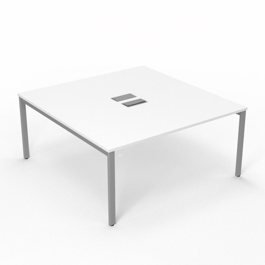 Bureau Arial partag L. 160 x P. 165 cm p. 25 mm - monoplateau mlamine blanc neige avec 2 trappes et goulotte incluses - pitement arche mtal lisse gris aluminium