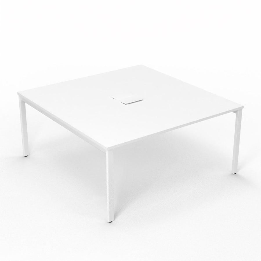 Bureau Arial partag L. 160 x P. 165 cm p. 25 mm - monoplateau mlamine blanc neige avec 2 trappes et goulotte incluses - pitement arche mtal lisse blanc