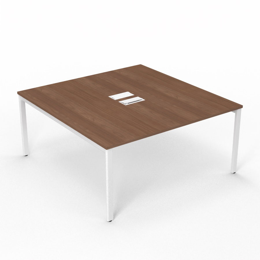 Bureau Arial partag L. 160 x P. 165 cm p. 25 mm - monoplateau mlamine noyer ambr avec 2 trappes et goulotte incluses - pitement arche mtal lisse blanc