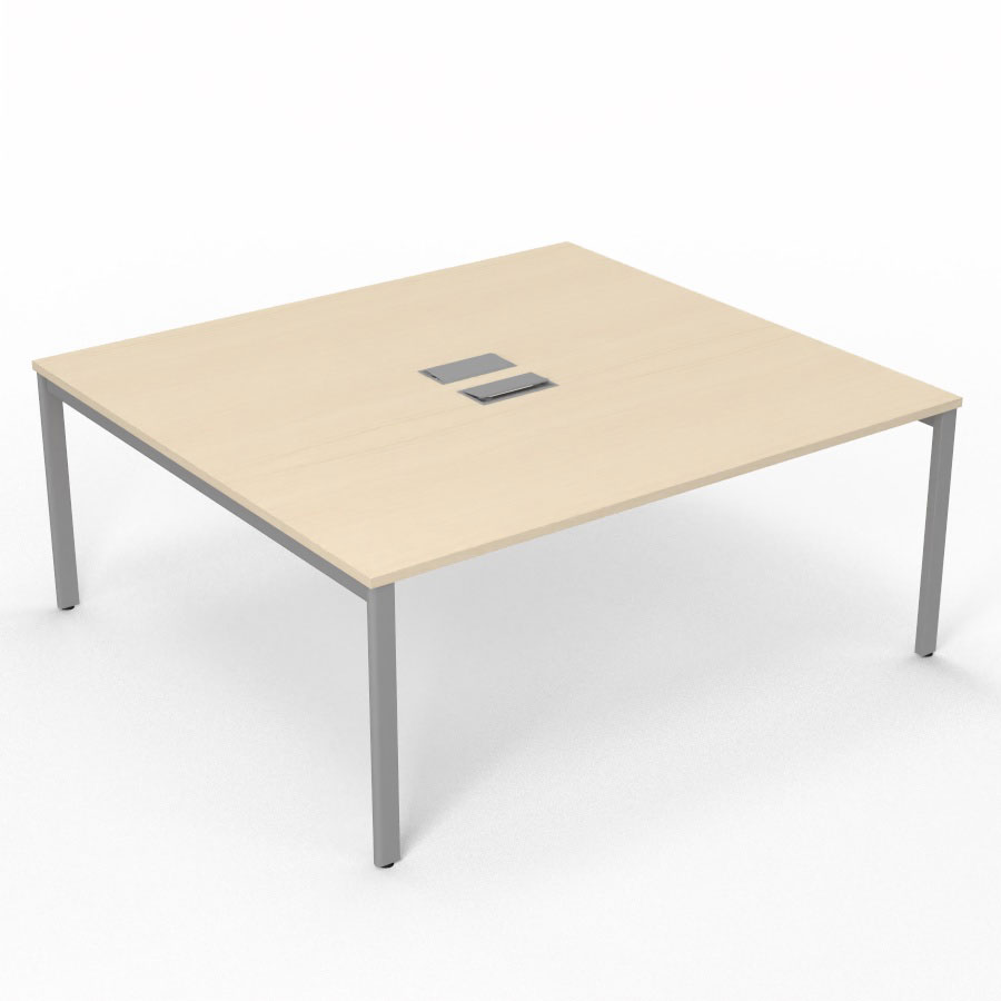 Bureau Arial partag L. 180 x P. 165 cm p. 25 mm - monoplateau mlamine rable blanc avec 2 trappes et goulotte incluses - pitement arche mtal lisse gris aluminium