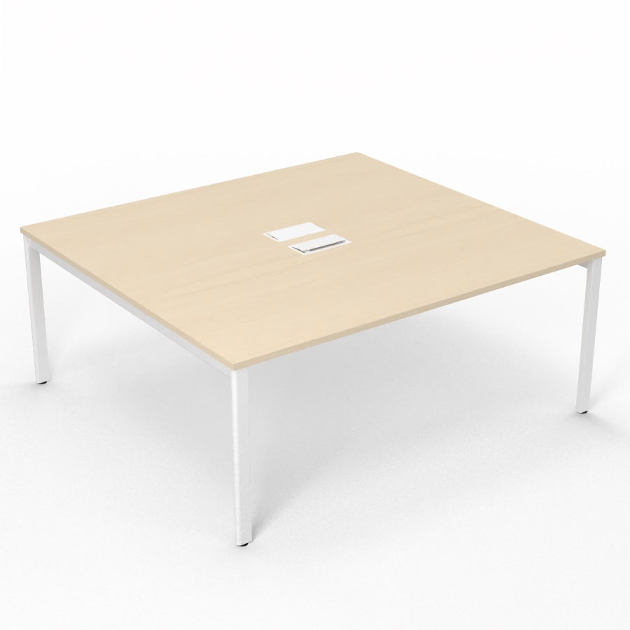 Bureau Arial partag L. 180 x P. 165 cm p. 25 mm - monoplateau mlamine rable blanc avec 2 trappes et goulotte incluses - pitement arche mtal lisse blanc