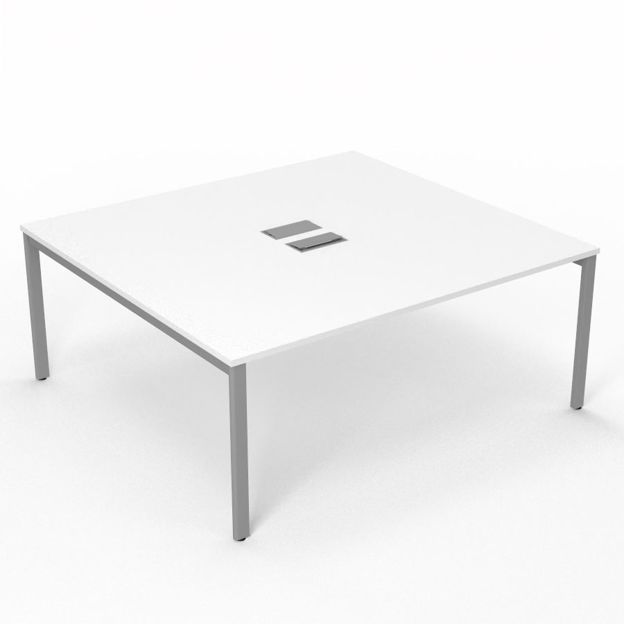 Bureau Arial partag L. 180 x P. 165 cm p. 25 mm - monoplateau mlamine blanc neige avec 2 trappes et goulotte incluses - pitement arche mtal lisse gris aluminium