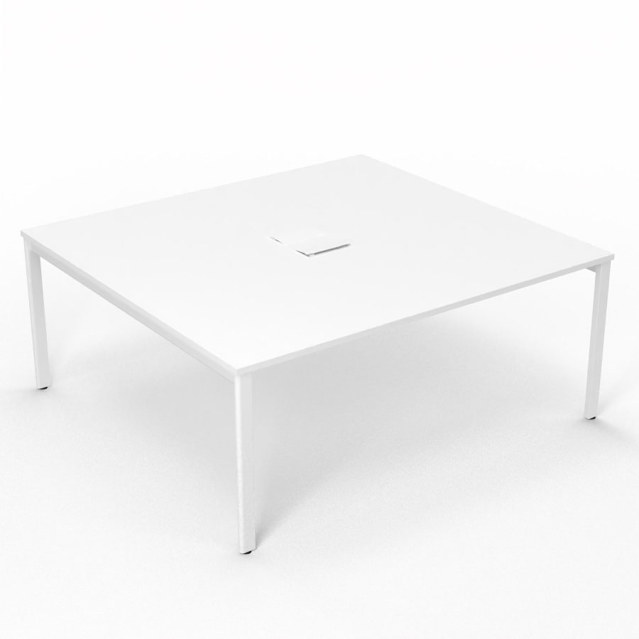 Bureau Arial partag L. 180 x P. 165 cm p. 25 mm - monoplateau mlamine blanc neige avec 2 trappes et goulotte incluses - pitement arche mtal lisse blanc