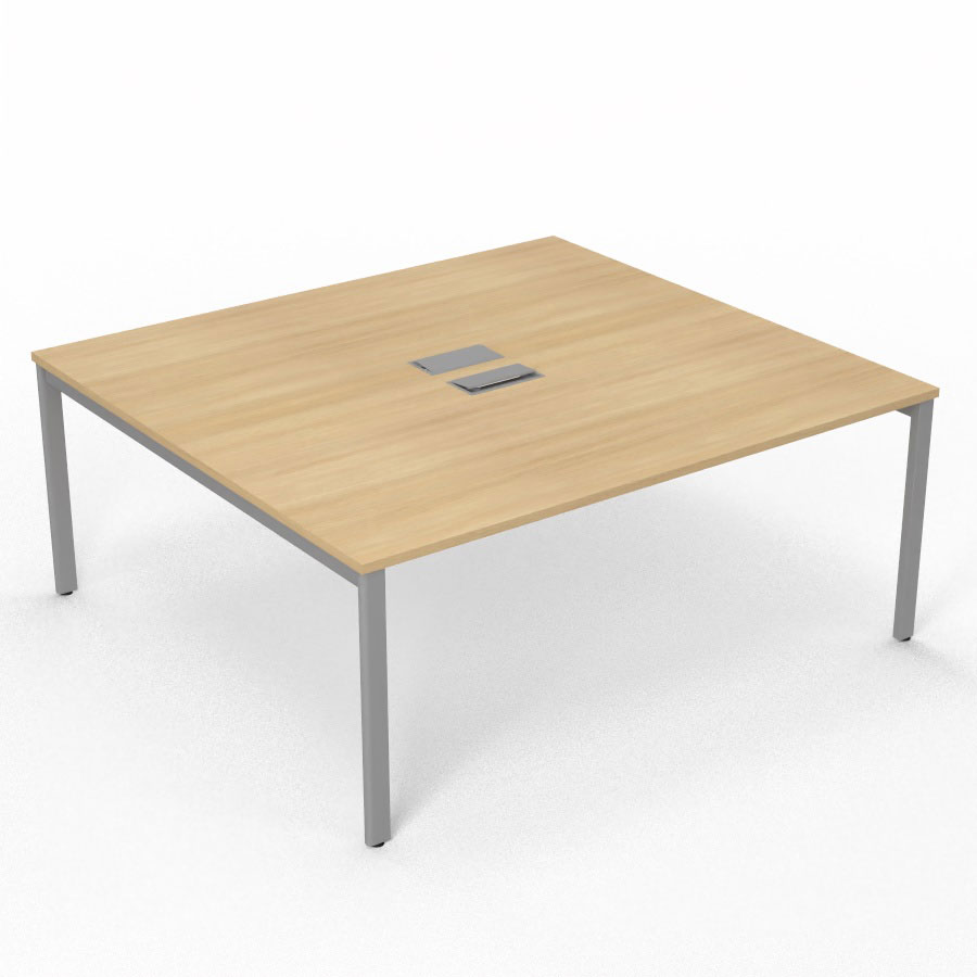 Bureau Arial partag L. 180 x P. 165 cm p. 25 mm - monoplateau mlamine chne clair avec 2 trappes et goulotte incluses - pitement arche mtal lisse gris aluminium