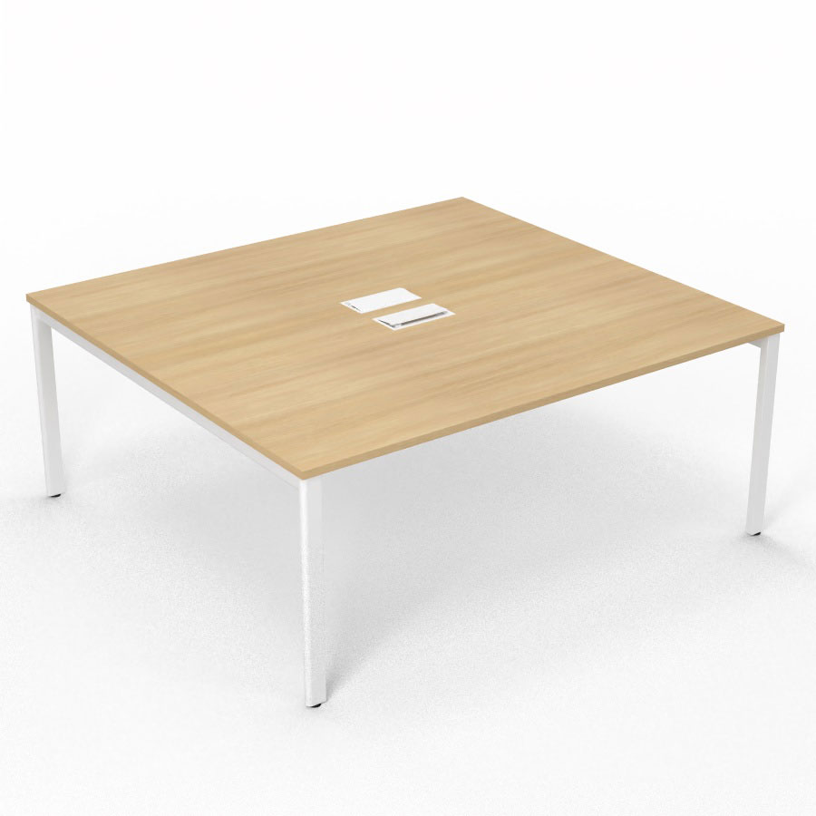 Bureau Arial partag L. 180 x P. 165 cm p. 25 mm - monoplateau mlamine chne clair avec 2 trappes et goulotte incluses - pitement arche mtal lisse blanc
