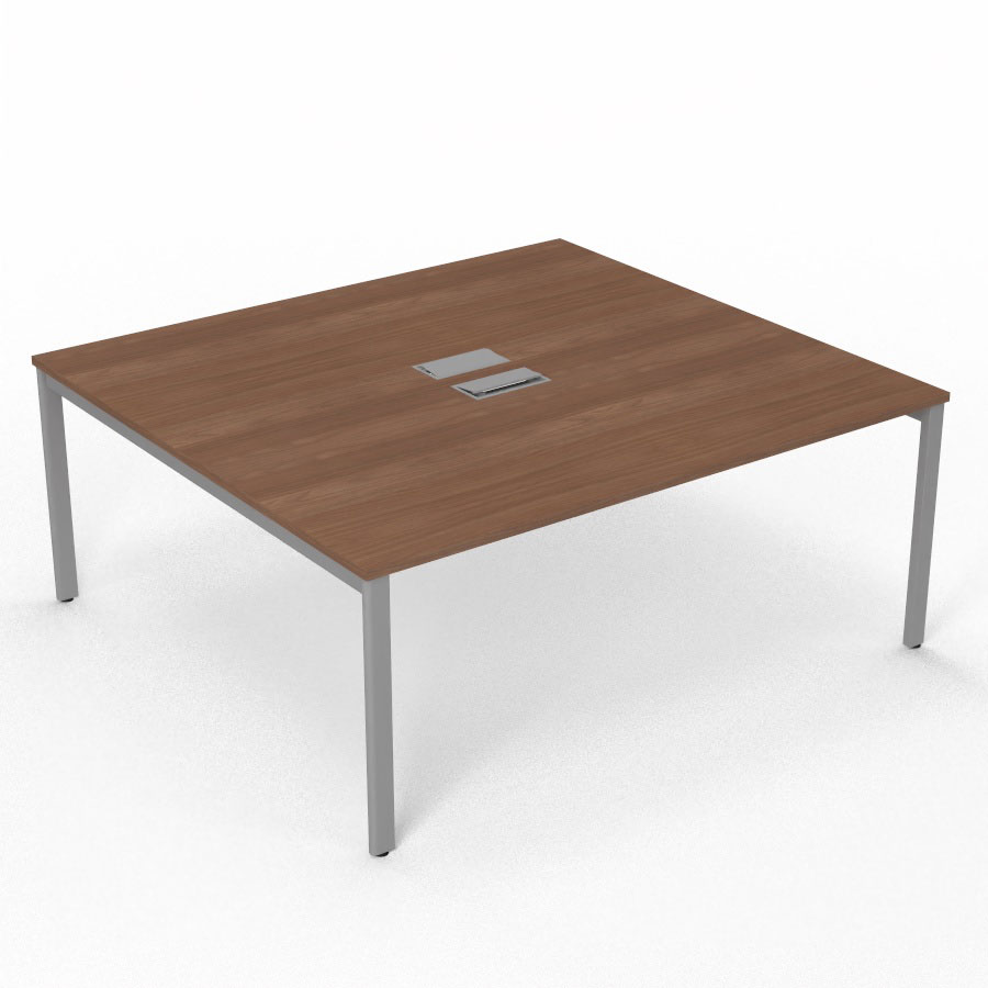 Bureau Arial partag L. 180 x P. 165 cm p. 25 mm - monoplateau mlamine noyer ambr avec 2 trappes et goulotte incluses - pitement arche mtal lisse gris aluminium