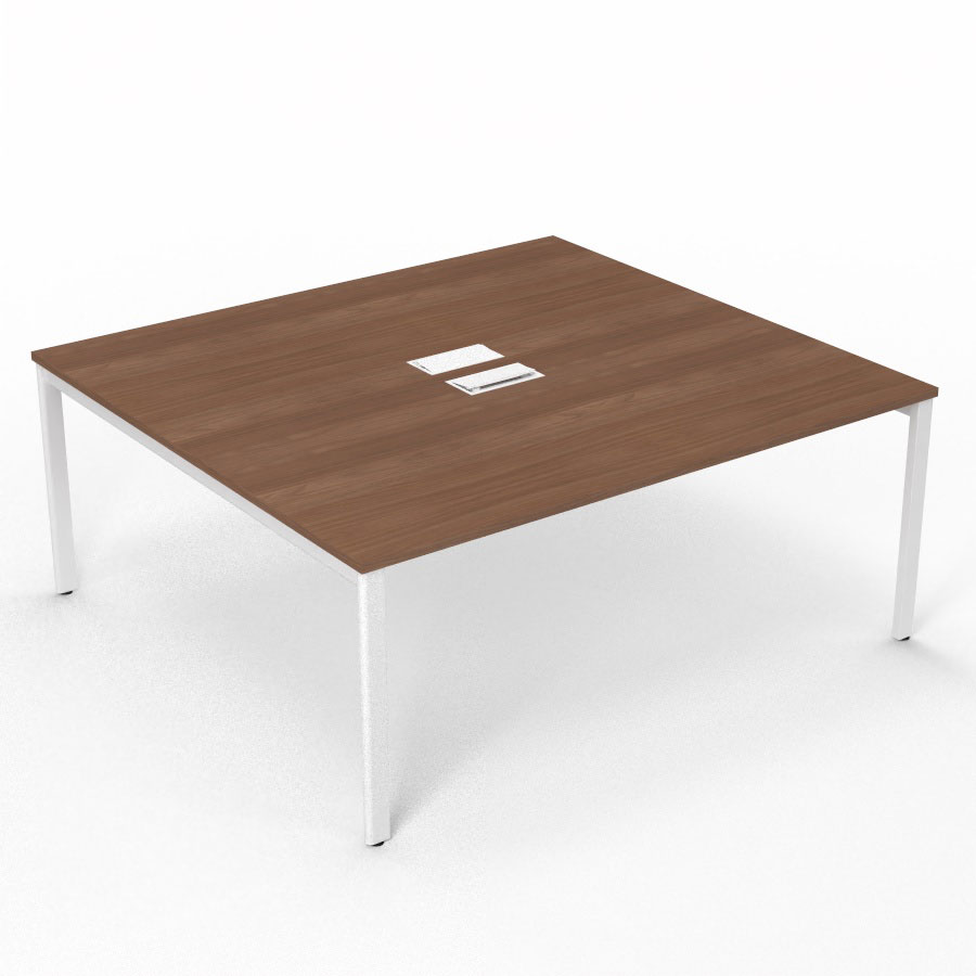 Bureau Arial partag L. 180 x P. 165 cm p. 25 mm - monoplateau mlamine noyer ambr avec 2 trappes et goulotte incluses - pitement arche mtal lisse blanc