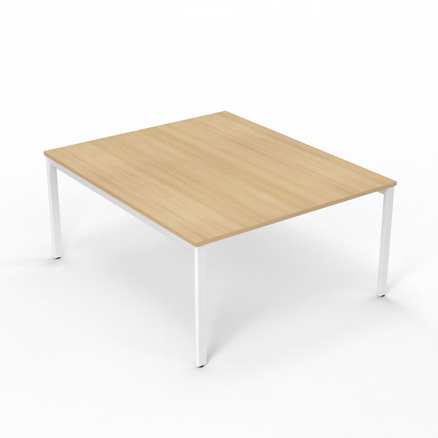 Table de runion Arial L. 140 x P. 165 cm p. 25 mm - plateau mlamine chne clair - pitement arche mtal lisse blanc