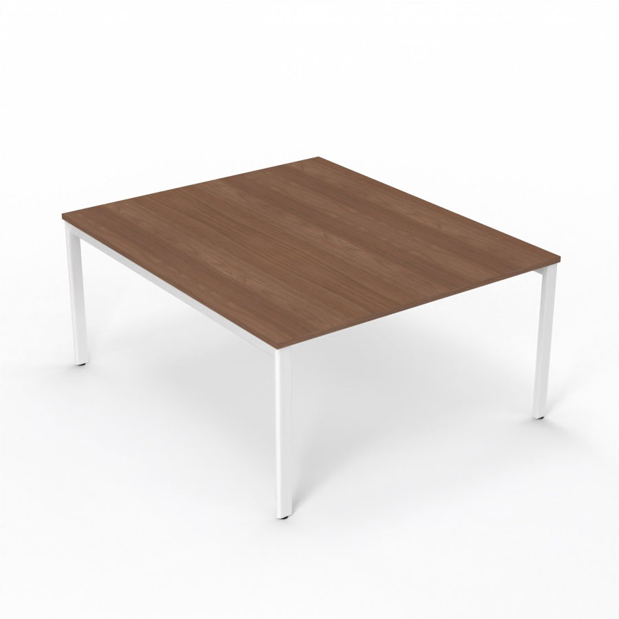 Table de runion Arial L. 140 x P. 165 cm p. 25 mm - plateau mlamine noyer ambr - pitement arche mtal lisse blanc