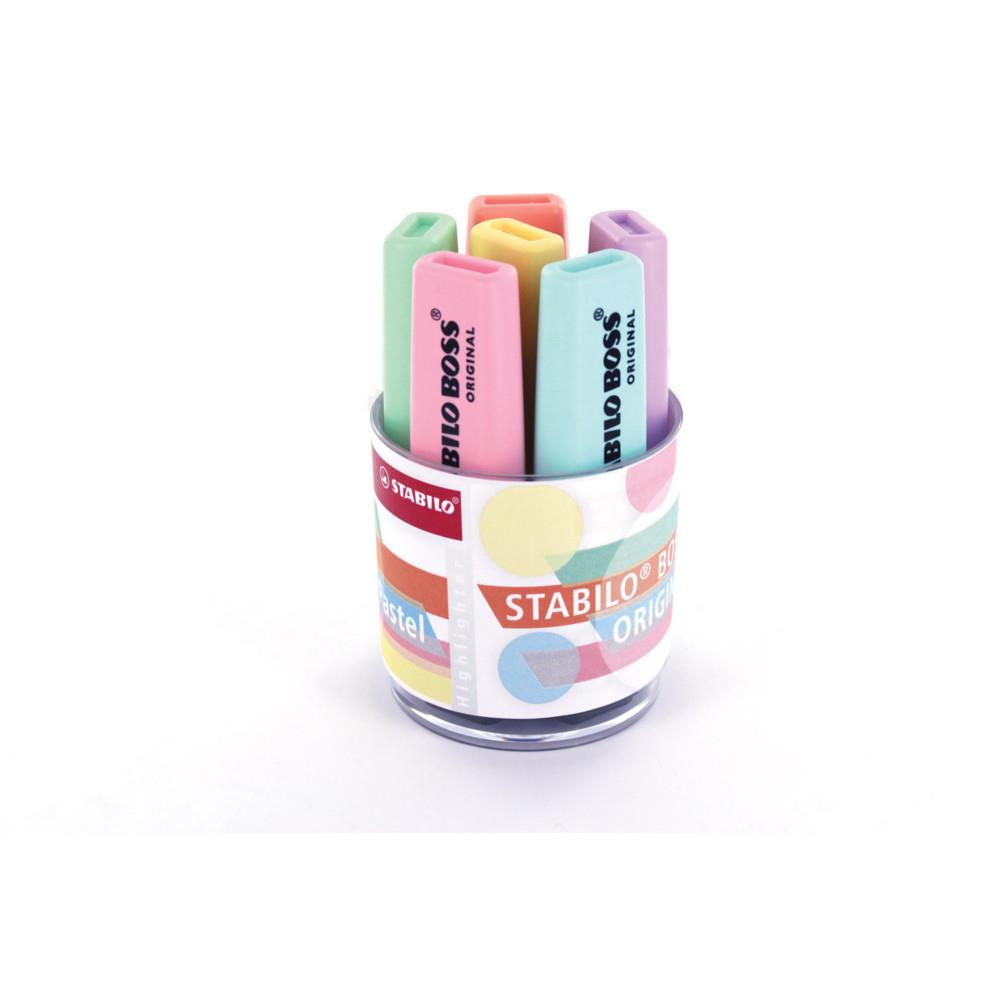 Surligneurs Stabilo Boss - pointe biseaute - pot de 6 : coloris pastel jaune,vert,orange,violet,rose,turquoise