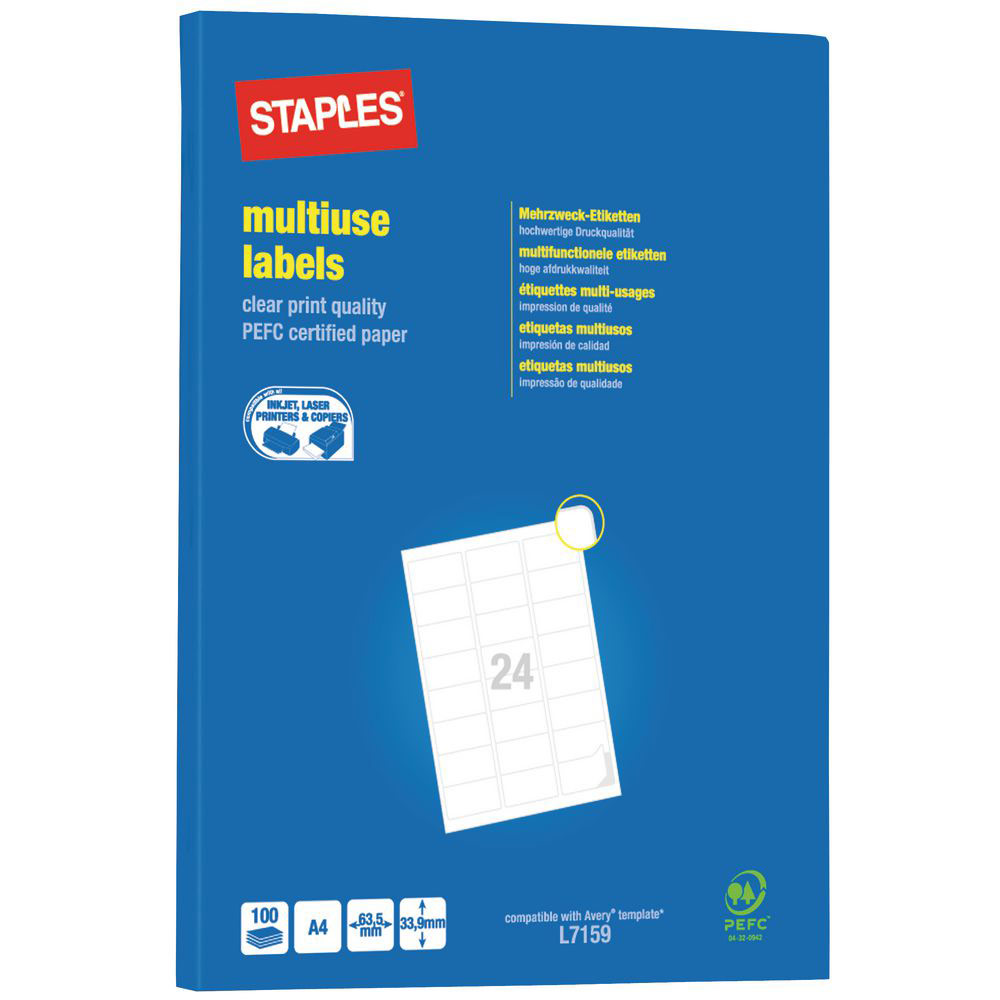 Etiquettes Pergamy multi-usage - 63,5 x 33,9mm - en planche A4 - coins arrondis - bote de 2400