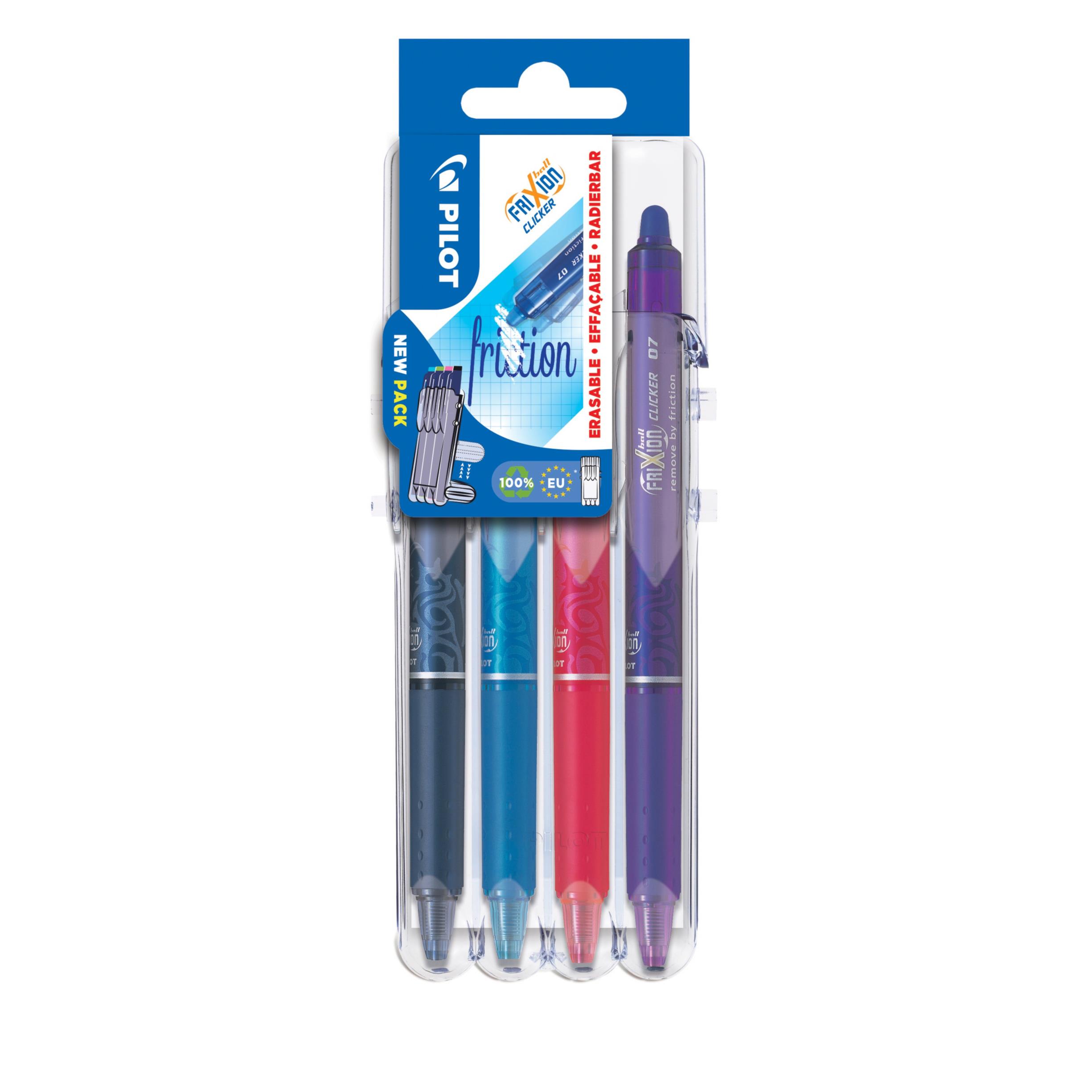 Stylo roller rtractable Pilot FriXion Clicker encre gel effaable - pointe moyenne 0,7 mm - pochette de 4 couleurs assorties