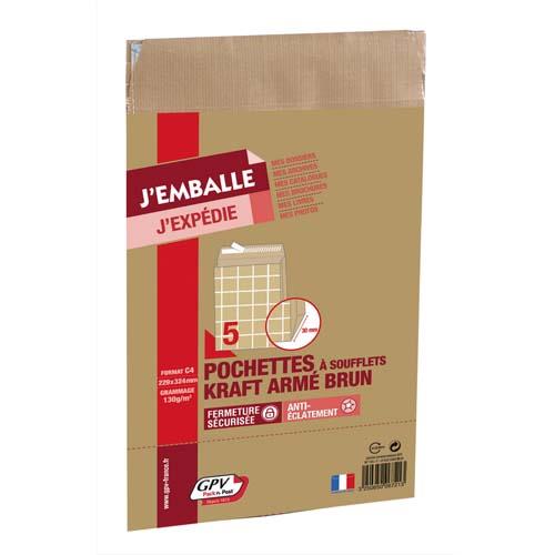 Pochettes GPV -  kraft arm - format C4 229x324mm - 130g - 3 soufflets 30mm - autoadhsive - paquet de 5