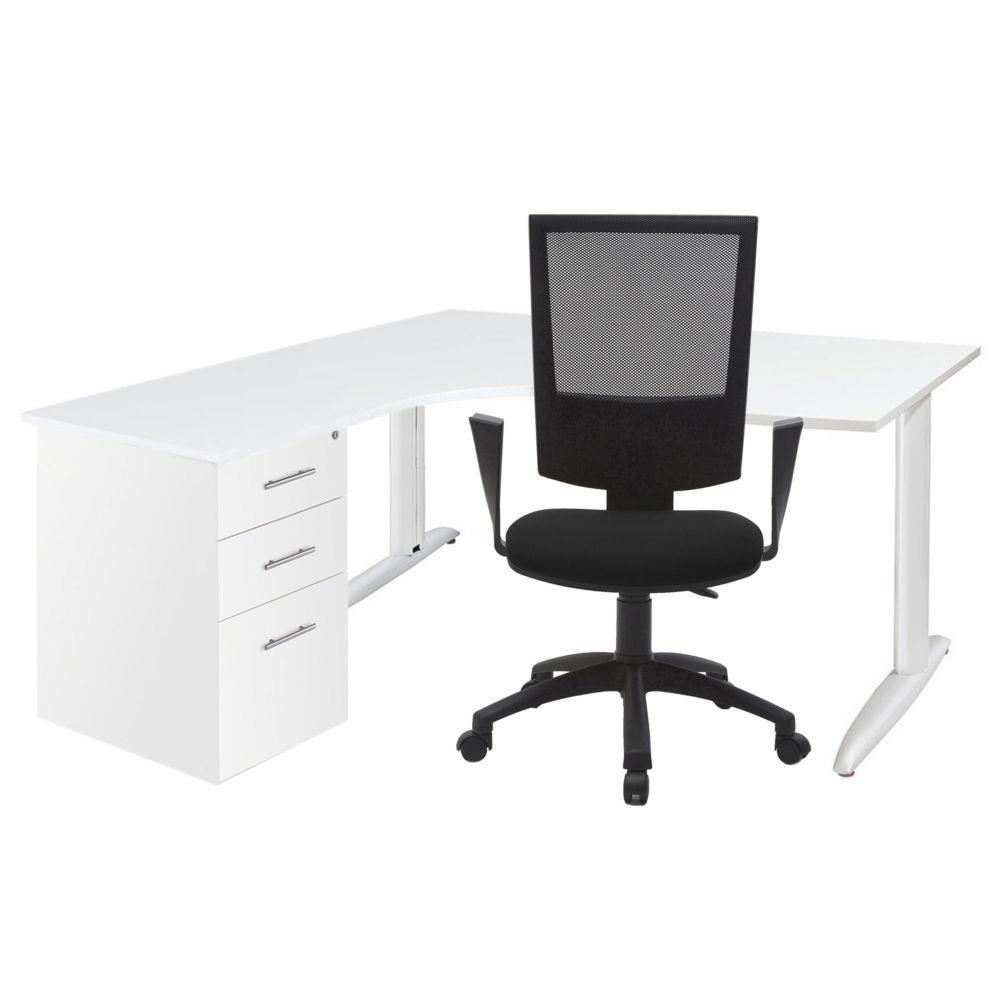Poste de travail complet Tempo - bureau compact retour  gauche blanc - caisson hauteur bureau blanc et sige noir