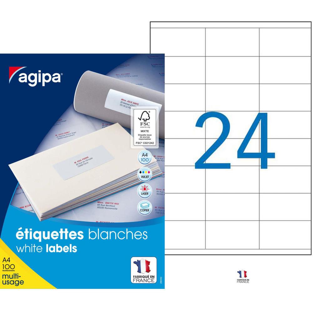 tiquettes adhsives blanches multi-usages Agipa - 70  x 36 mm -  2400 tiquettes par bote - 24 tiquettes par feuille - bote 2400 units