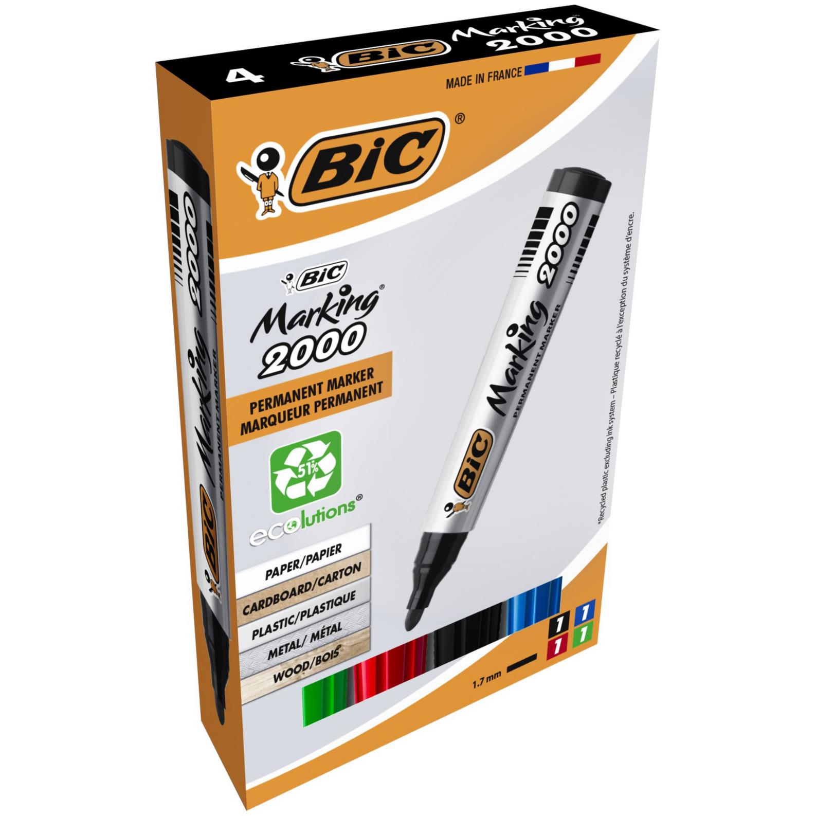 Bic Marking 2000 - marqueur permanent pointe ogive - pochette de 4 - bleu, noir, rouge, vert