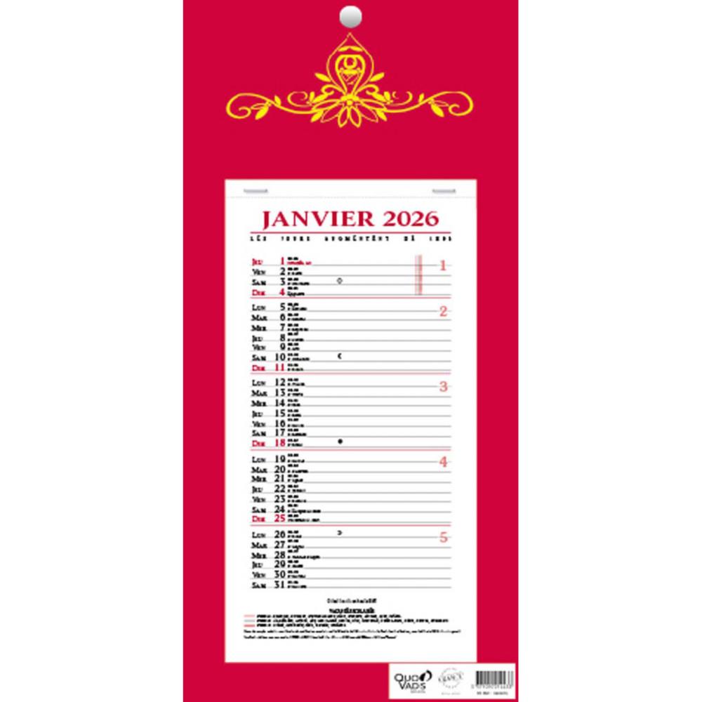 Calendrier mural Quo Vadis - bloc mensuel 16 x 33,5 cm - rouge