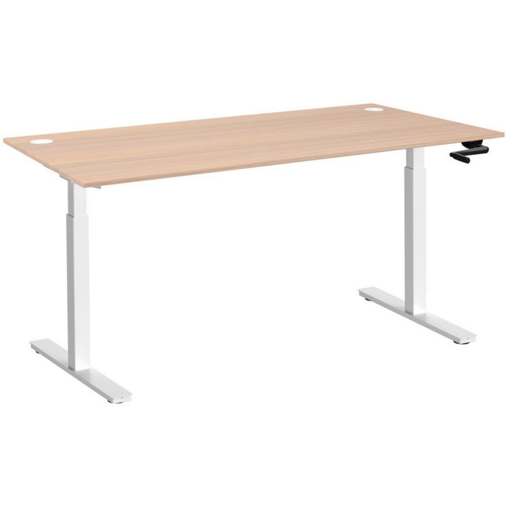 Bureau Assis-Debout Nova � Manivelle L.160 x P.80 cm - Plateau avec Obturateurs Ch�ne - Pieds m�tal Blanc