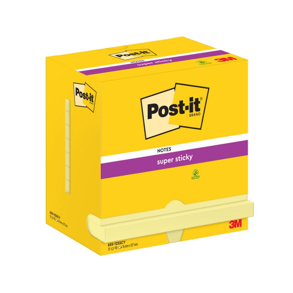 Notes repositionnables Post-it Super Sticky - rectangle - Jaune canari - 76 x 127 mm - lot de 12 blocs de 90 feuilles