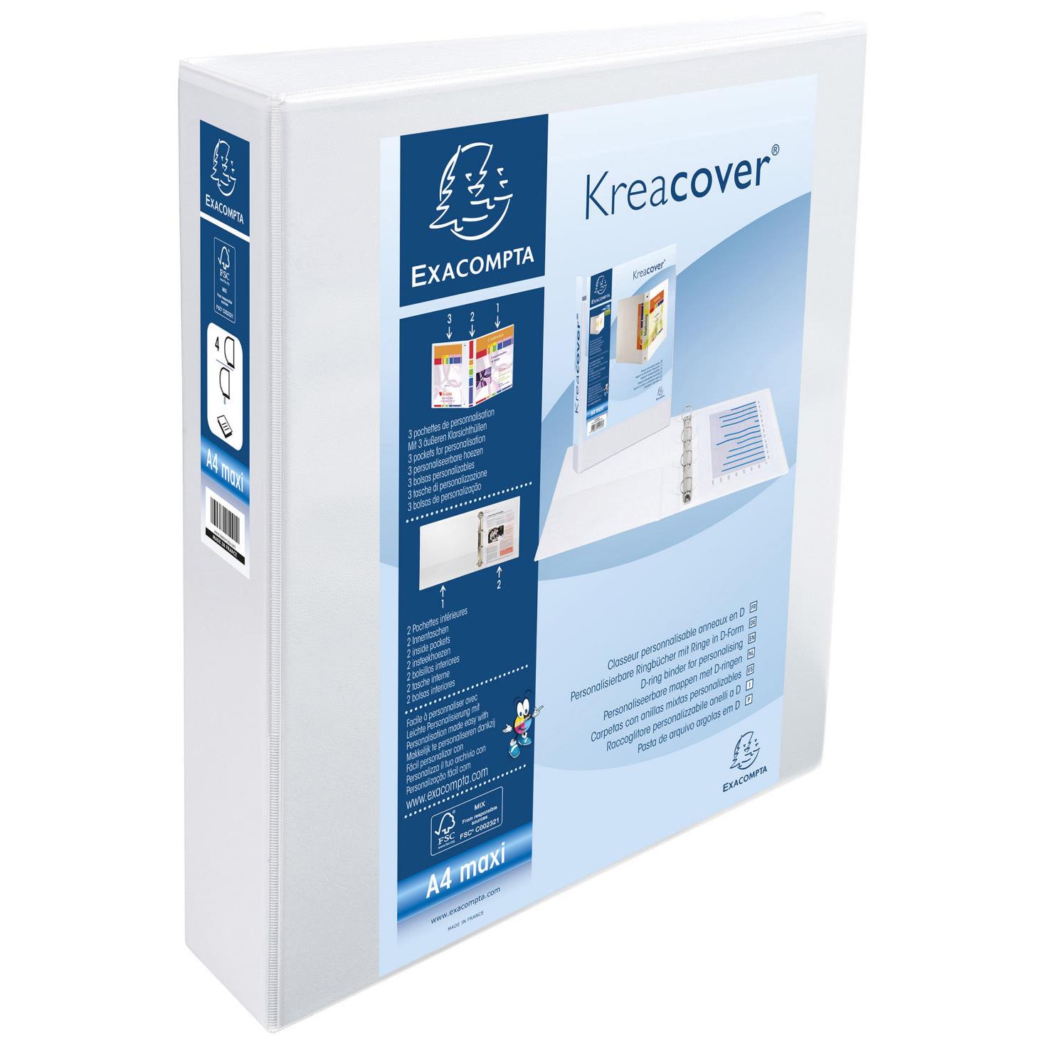 Classeur  anneaux personnalisable 3 faces plastifi Exacompta Kreacover - 4 anneaux en D 50mm - A4 maxi - Dos 7,5 cm - Capacit 460 feuilles - blanc