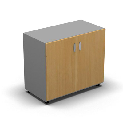 Armoire basse mlamin - 2 portes pleines - 1 tablette - 80 x 70 cm - portes htre dor - top et faades gris aluminium