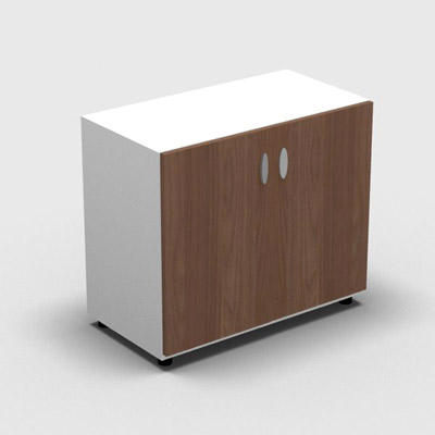 Armoire basse mlamin - 2 portes pleines - 1 tablette - 80 x 70 cm - portes noyer ambr - top et faades blanc neige