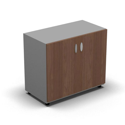 Armoire basse mlamin - 2 portes pleines - 1 tablette - 80 x 70 cm - portes noyer ambr - top et faades gris aluminium