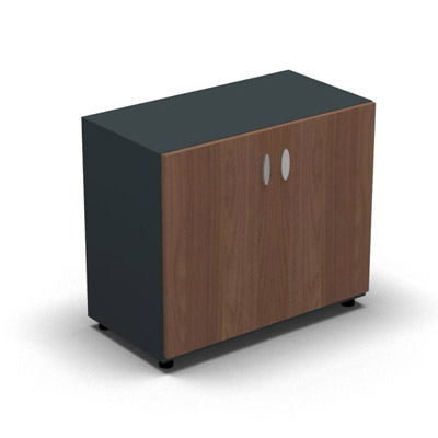 Armoire basse mlamin - 2 portes pleines - 1 tablette - 80 x 70 cm - portes noyer ambr - top et faades gris anthracite